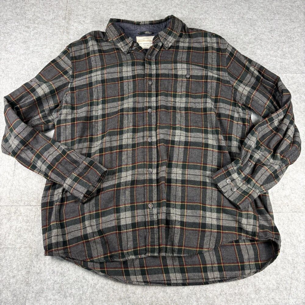 Weatherproof Vintage Mens 2XL Gray Green Plaid Flannel Shirt 100% Cotton Button